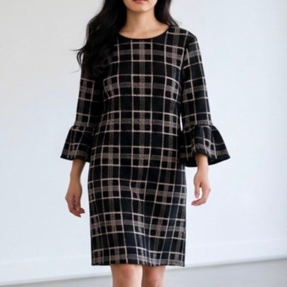 Wallis Shift Dress Size US 16 Black Plaid Bell 3/4 Sleeves Classic Business